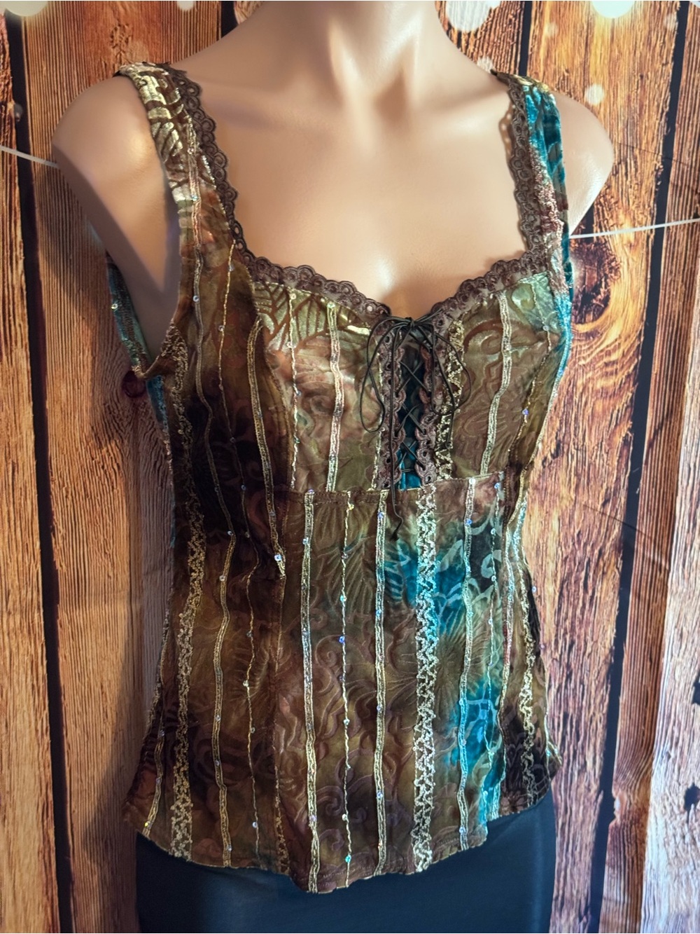 Arianne Brown and Teal Lace-Trim Bustier Top